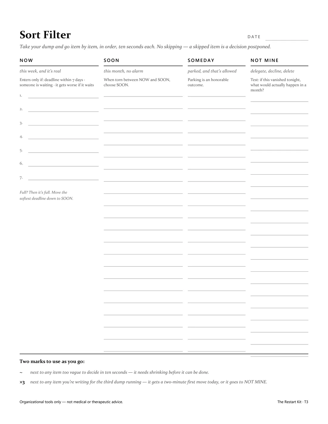 The Sort Filter Sheet printable template